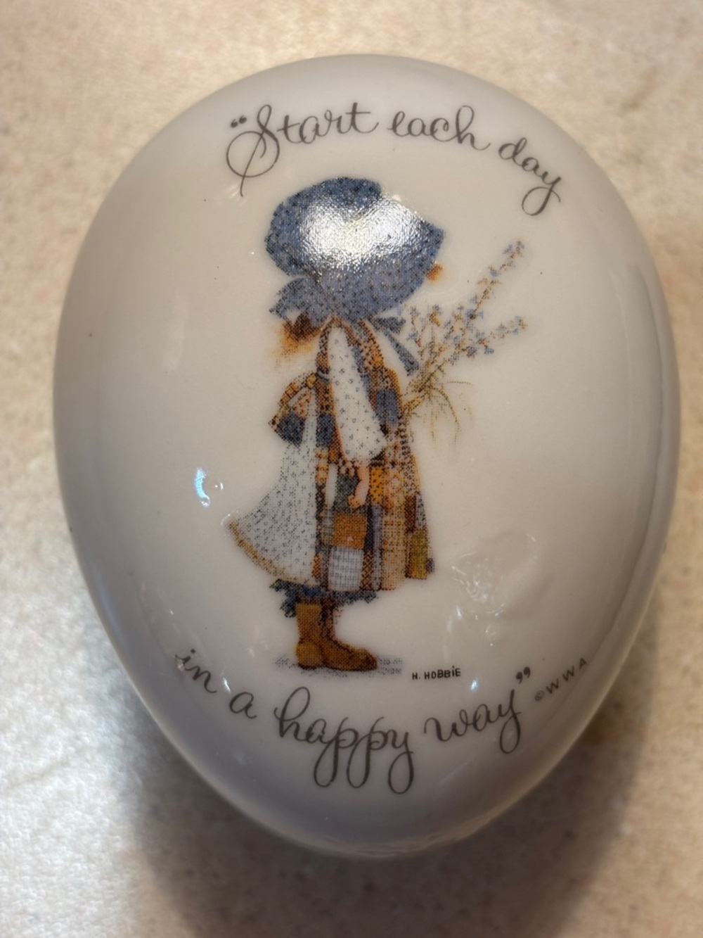 Holly Hobbie Start Each Day White Decorative Porcelain Egg with Illustration